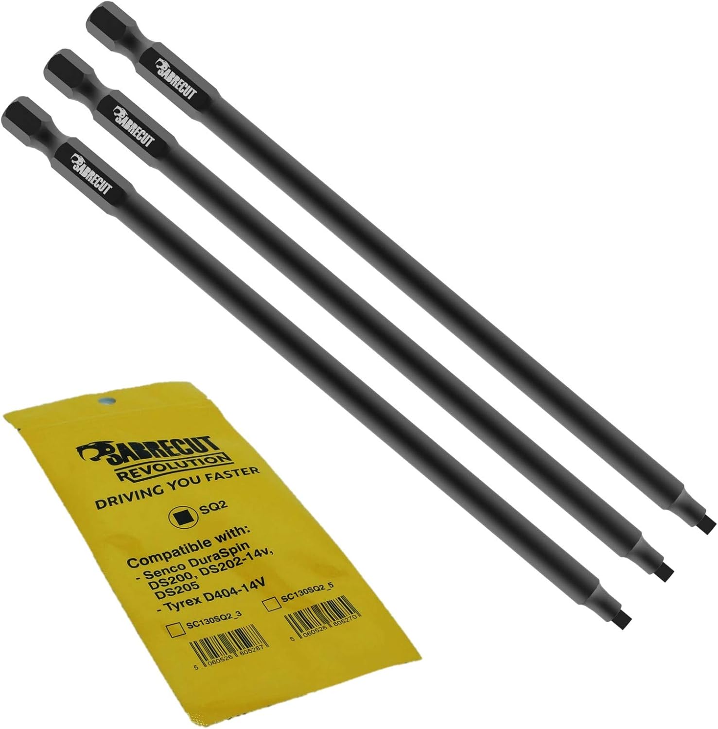 3 x SabreCut SC130SQ2_3 130mm SQ2 Compatible with SENCO DuraSpin DS200 DS202 DS202-14v DS205 EA0123 and TYREX D404-14V Autofeed Collated Drywall Screwdriver Gun Bit Single Ended Square No.2 Heavy Duty