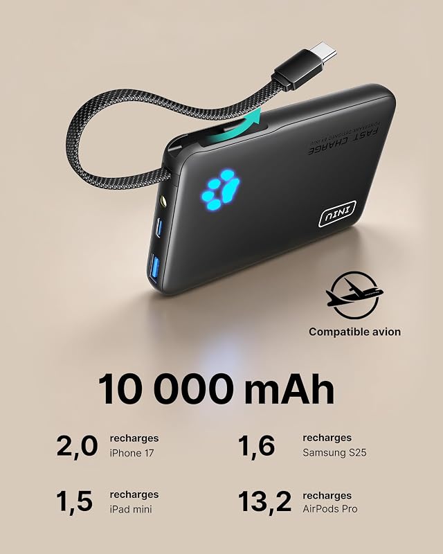 45W Batterie Externe, 10000mAh Power Bank avec USB C Câbles Intégrés