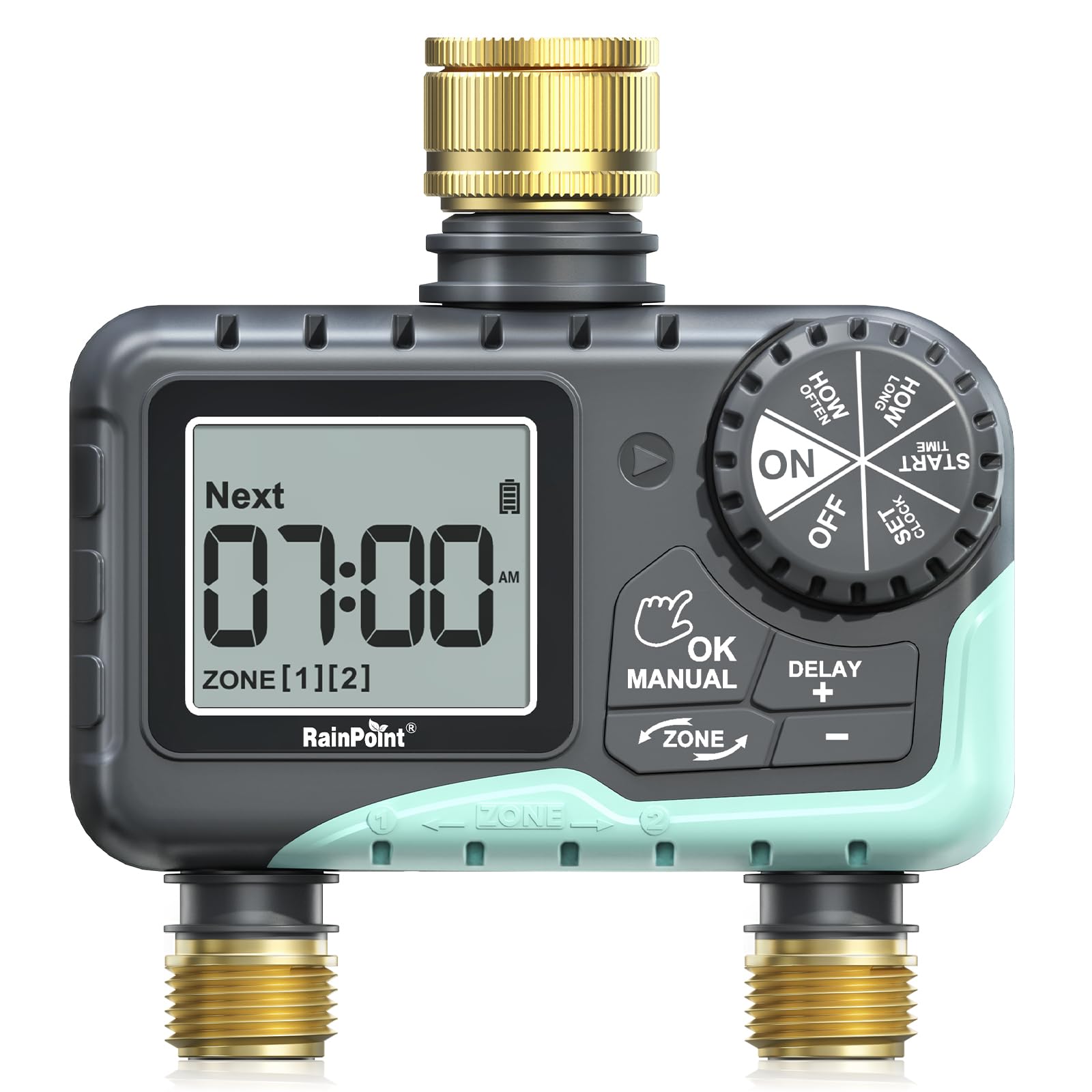 RAINPOINT Water Timer 2 Outlets, IP65 Waterproof Garden Hose Irrigation Timer with Brass Inlet & Outlet, Rain Delay/Manual Watering, Automatic Irrigation System for Lawn, Yard