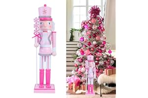 FOTWUZ Christmas Pink Nutcracker Decor - 14" Wooden Nutcracker Soldier Figures Christmas Doll Ornament for Girl Festival Party Xmas Gift Desktop Home Decorations