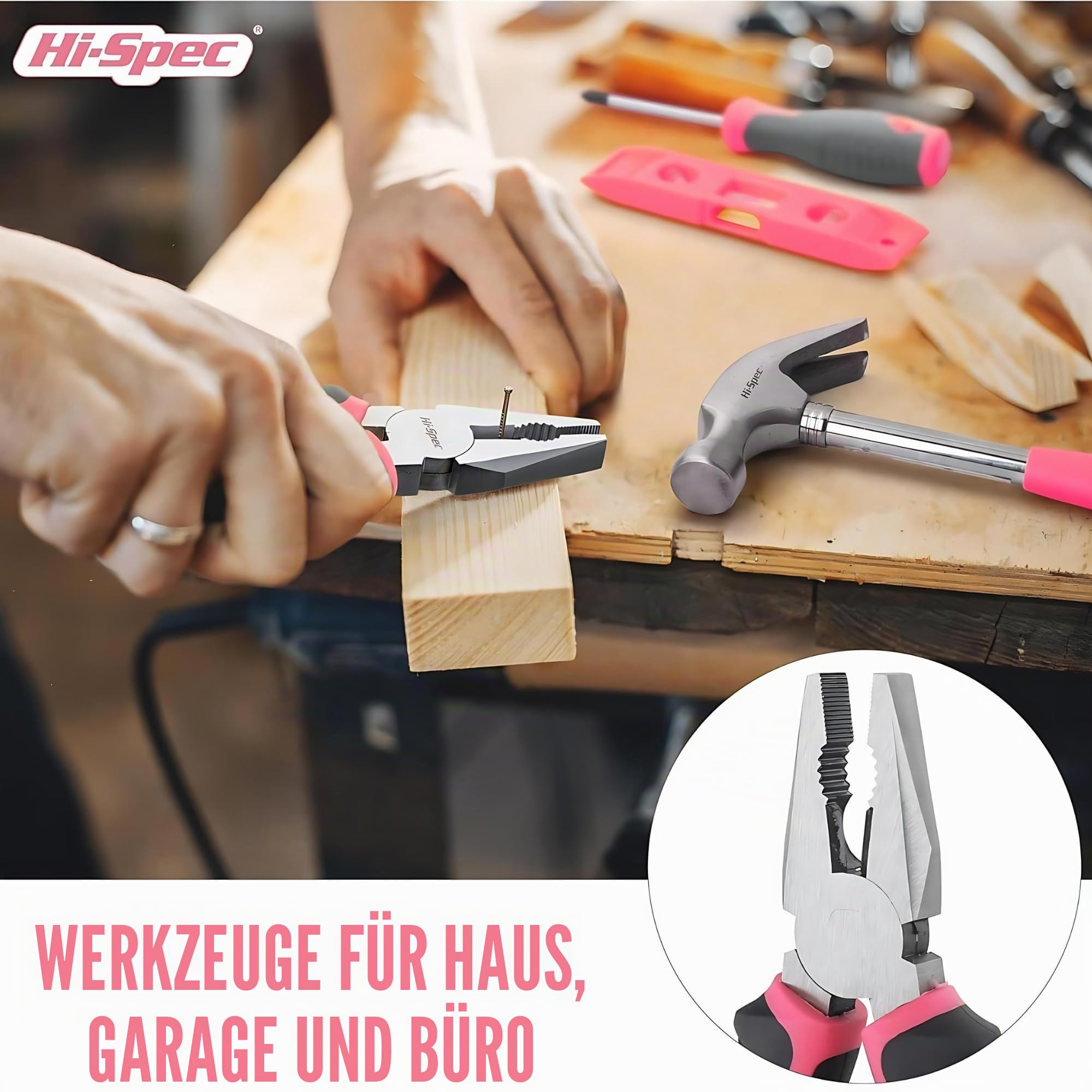 Hi-Spec Werkzeugset mit Koffer, Hammer, Bits und Maßband, Pink 4