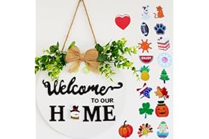 LITIALLY 19 Cute Icons Interchangeable Seasonal Welcome Sign Front Door Decoration, Rustic Round Wood Wall Hanging Outdoor, Farmhouse, Porch, for Spring Summer Fall Winter All Seasons Holidays