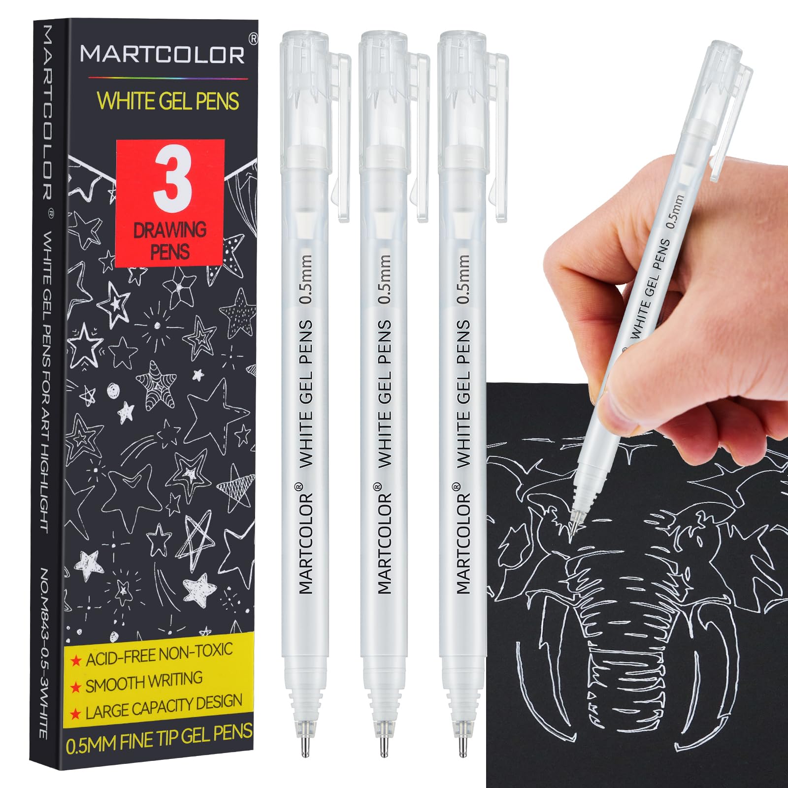 Photo 1 of MARTCOLOR White Gel Pens, 0.5mm Extra Fine Point Opaque Archival Ink Pen for Black Paper Drawing, Art Highlight, Illustration, Bullet Journaling, Card Making & DIY Projects, 3 Pack