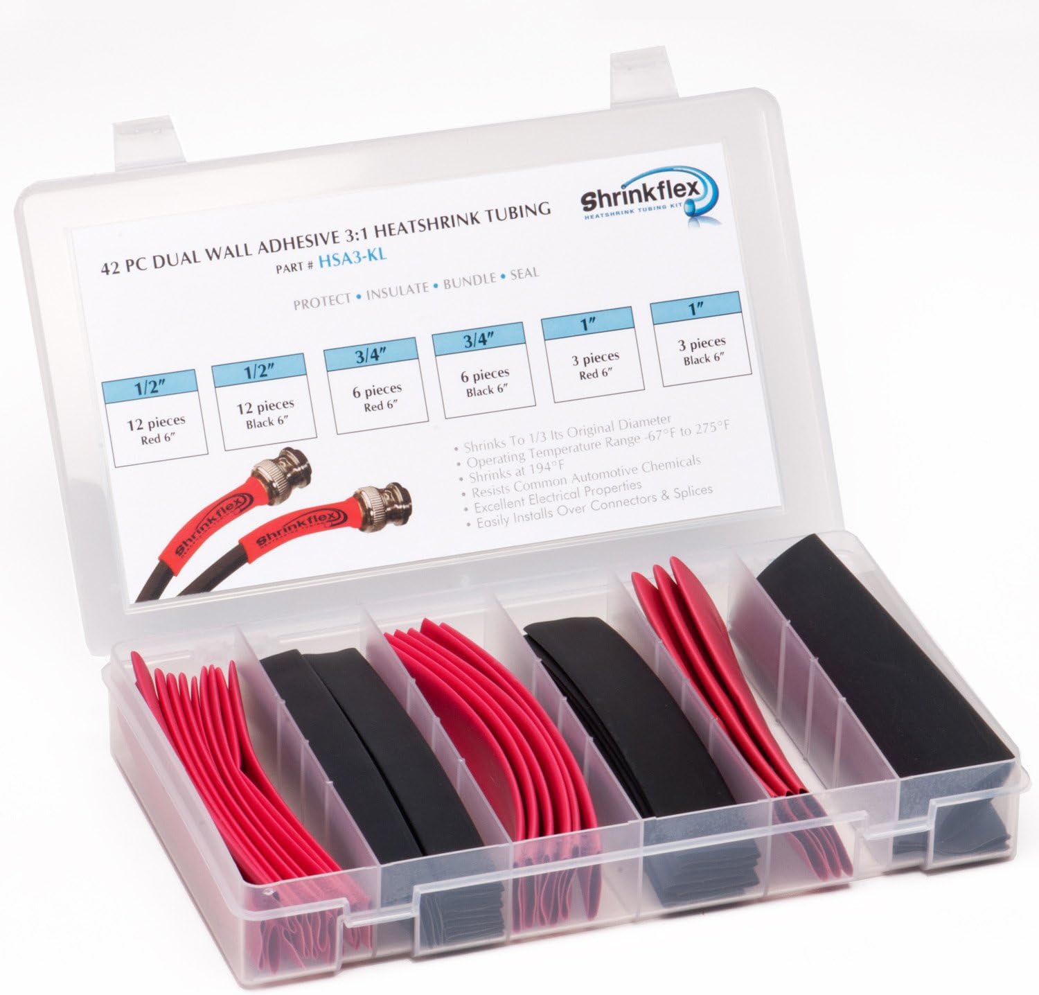 Shrinkflex 31 Lg. Dia. Adhesive Lined HS Tubing Kit 42 pcs, 6", 3