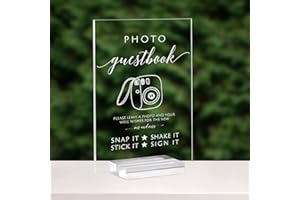 Acrylic Photo Guestbook Signs with Stand- 5x 7 Inch Glass Look Clear Acrylic Wedding Reception Sign Modern Font Sign with Hol