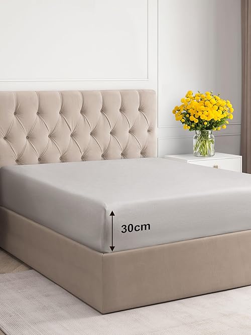Double Fitted Bed Sheet 135x190x30cm - Deep Fitted Sheet for Mattresses up to 30 cm (12") - Soft Brushed Microfiber - Wrinkle, Shrinkage & Fade Resistant - OEKO-TEX - Light Grey - Bottom Sheet