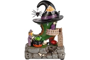 innodept12 Halloween Village Antique Witch Shoe Shop Lit Building House and Rotating Cauldron Bubble, with Spider Accessories and LED Lights, Multicolor