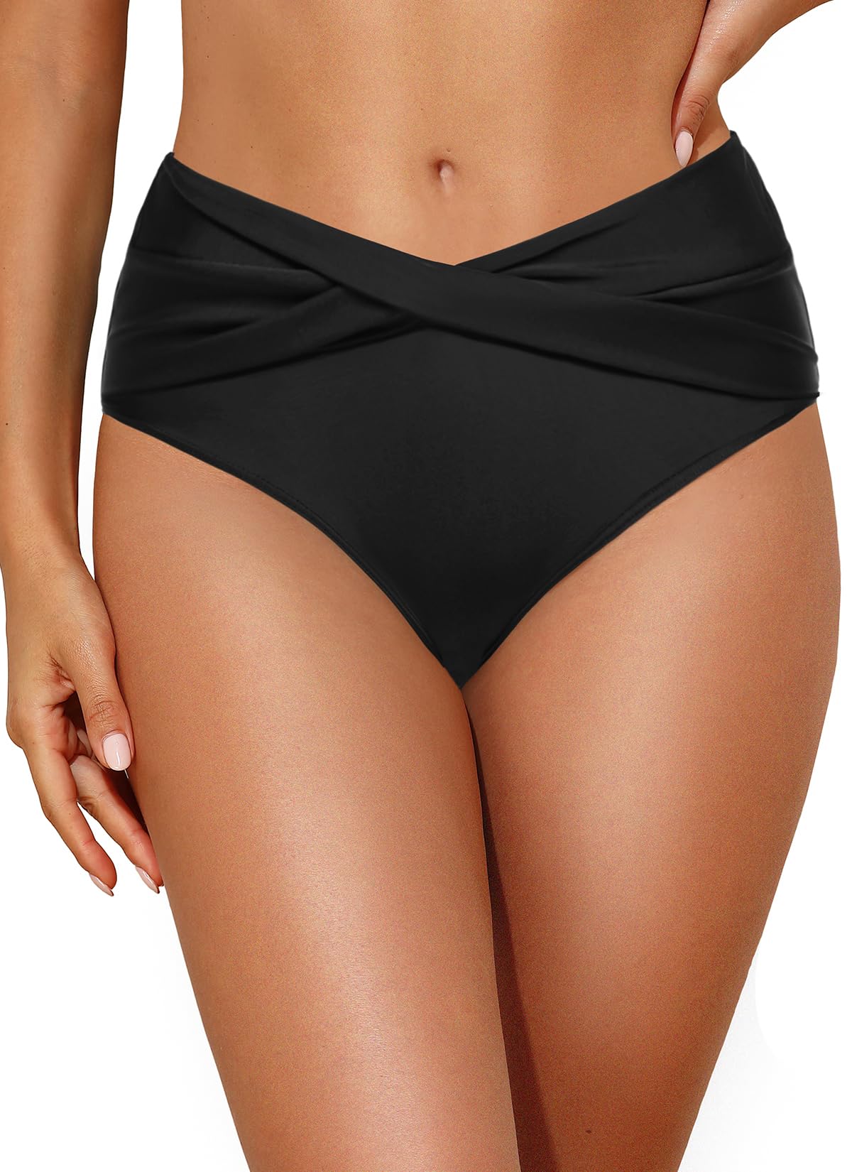 Photo 1 of Talisea Women Full Coverage Bikini Bottom - V Cut Bathing Suit Bottoms Mid Waist Twist Front Swimsuit Bottom Swimwear 2025 Black