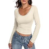 Womens V Neck Lace Sexy Long Sleeve Shirts Basic Fitted Going Out Tops Y2K Casual Fall Outfits