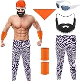 Langyiwee 5 Pcs Halloween World Wrestling Costume for Men Tough Guy Wresting Outfit Set with Zebra Pants Headscarf Fake Beard Sunglasses for Adult Outfit Cosplay