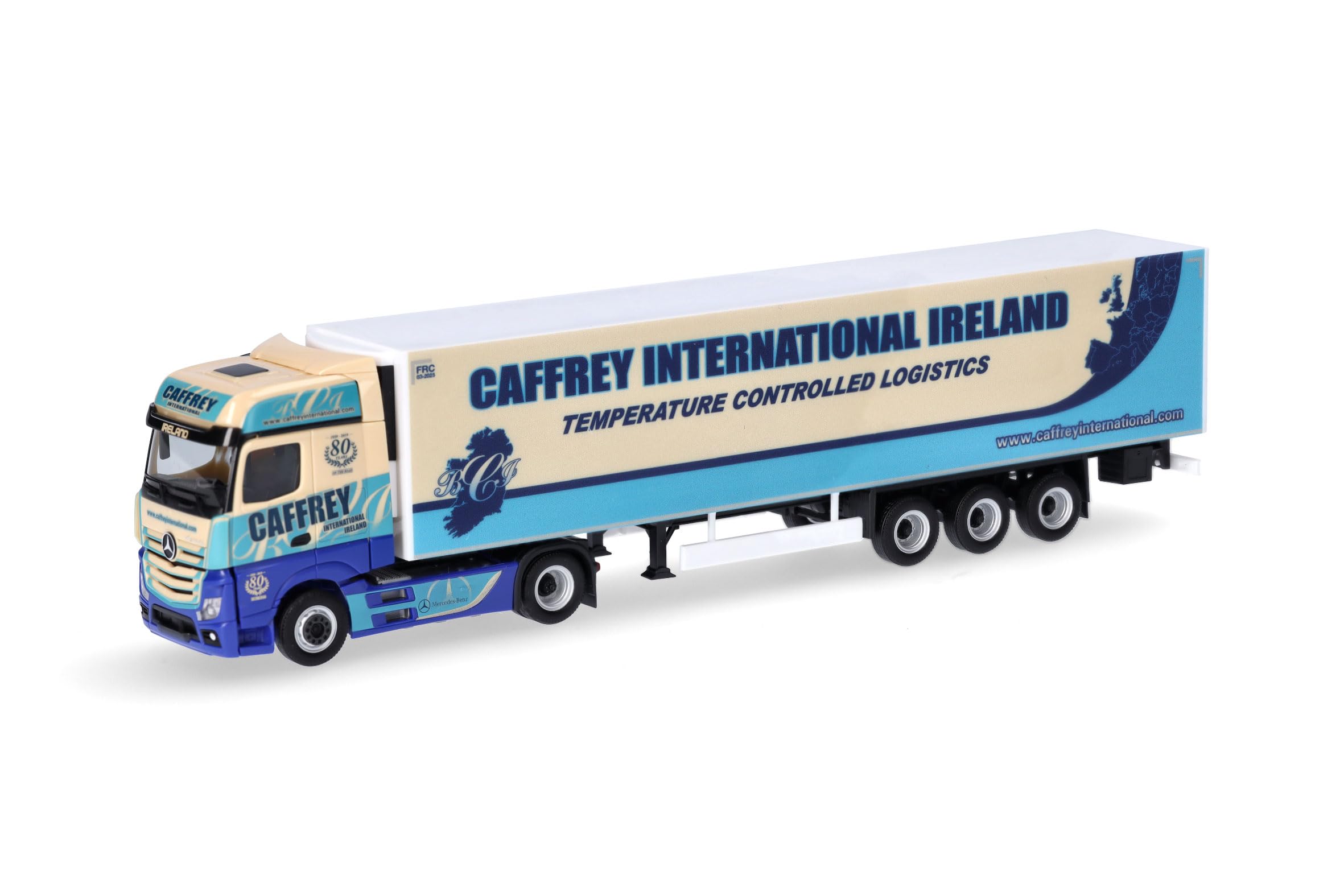 Herpa truck model Mercedes-Benz Actros 18 Bigspace refrigerated box semi-trailer "80 Years Caffrey", on a scale of 1 : 87, plastic miniature, made in Germany, model building, collectors edition