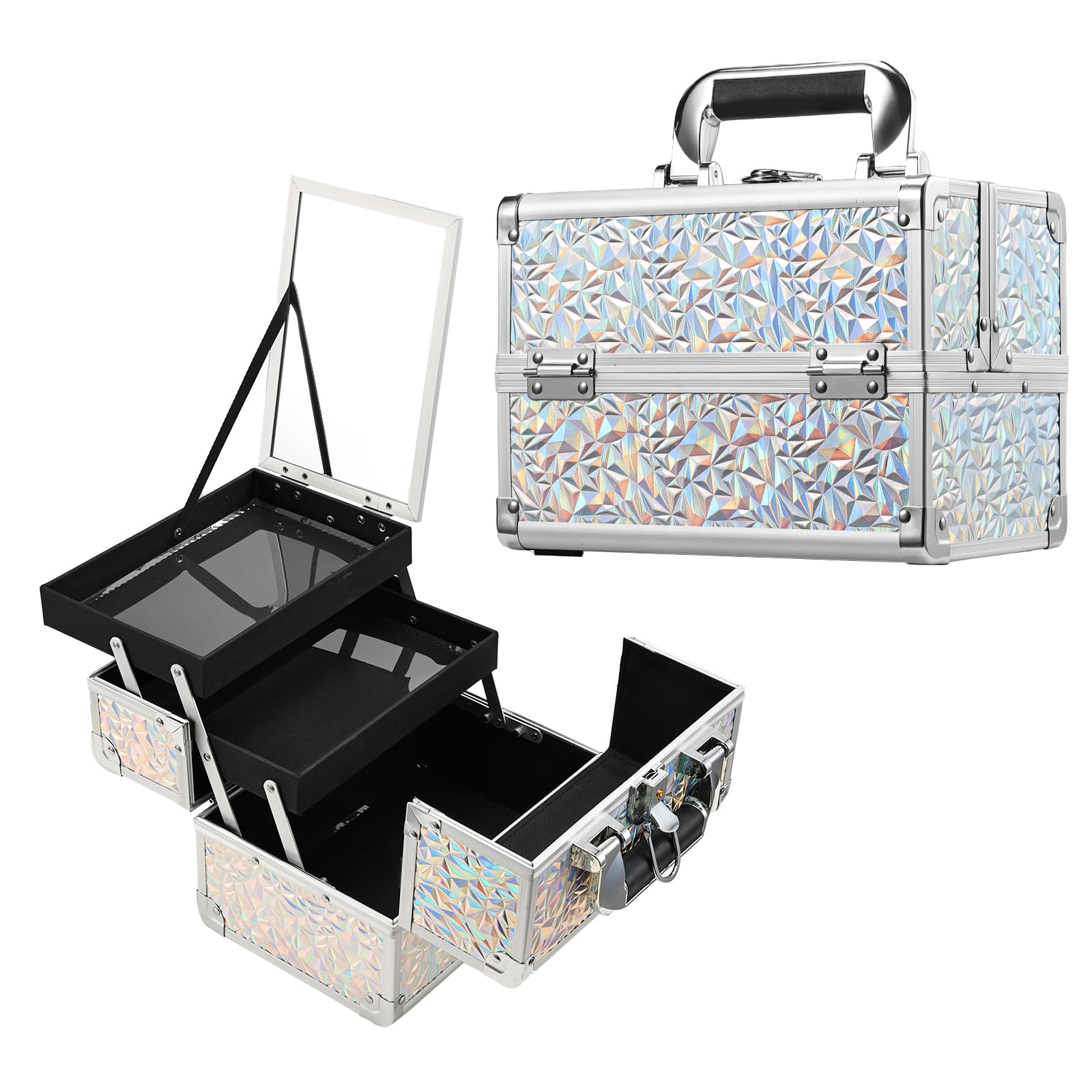 Joligrace Vanity Case Makeup Box Cosmetic Organiser Box Beauty Storage Makeup Up Train Case with Mirror, Lockable with Keys, Dazzle Silver