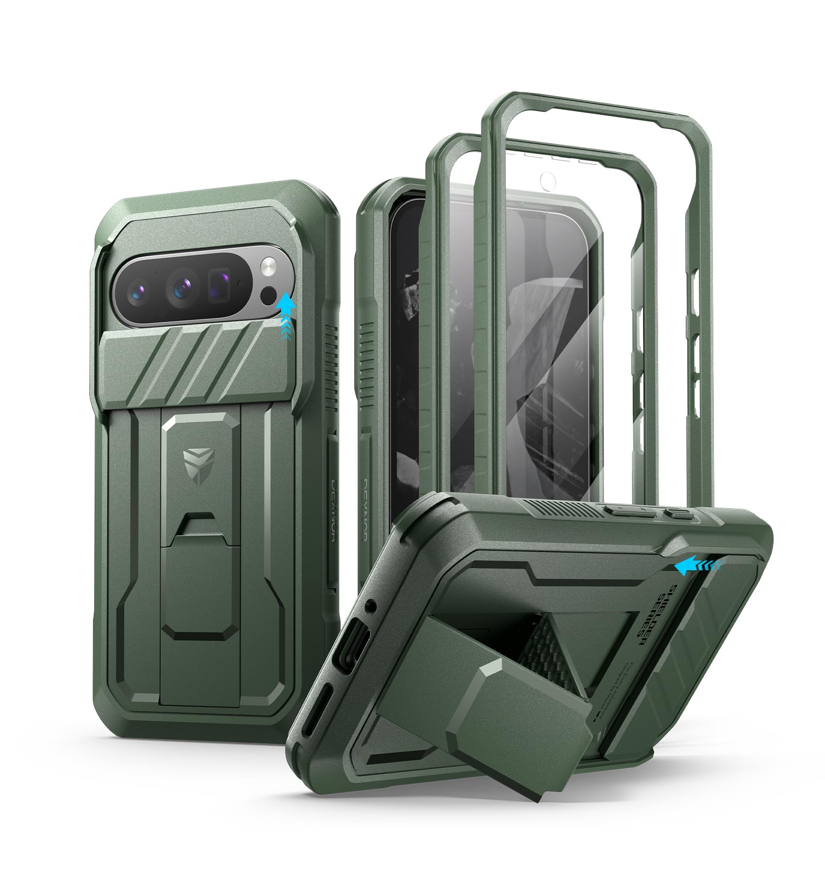 Dexnor for Google Pixel 9 Pro Case with Built-in Slide Camera Cover & Screen Protector & Kickstand, Heavy-Duty Shockproof Rugged Case Full-Body Bumper Protective Cover - Green