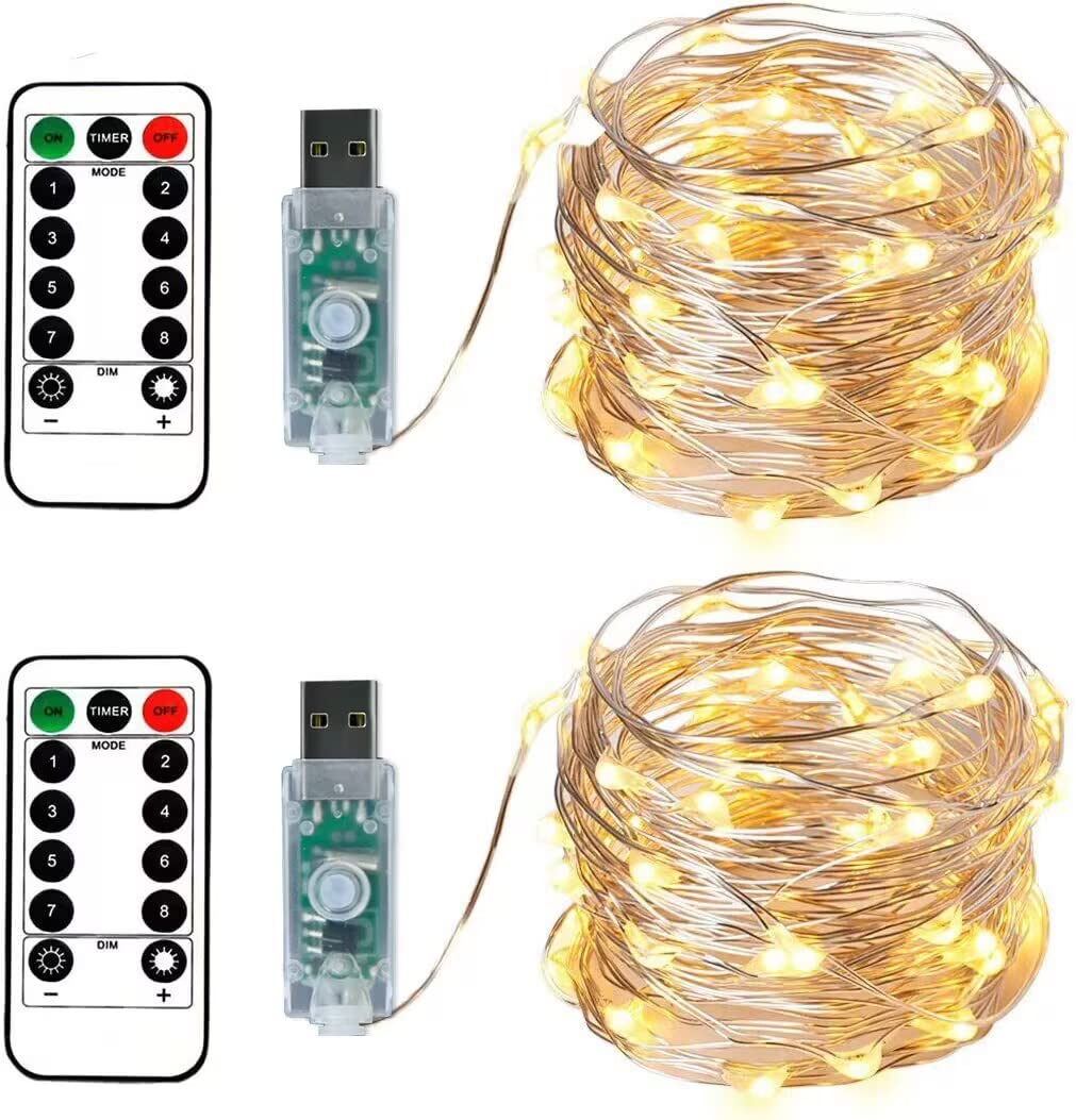 BXROIU 100LEDs Micro Fairy Lights 10 Meter Silver Wire with USB Remote Control 8 Program and Timing Dimming LED Lights for Party, Christmas, Wedding, Lighting Decoration Pack of 2 (Warm White)
