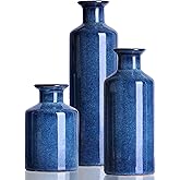 Navy Blue Ceramic Vase Set 3 for Home Decor, Dining Table Centerpiece Farmhouse Fireplace Decor, Living Room Decoration, Bookshelf and Entrance Centerpieces
