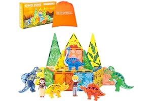 HACOCOLA Dinosaur Magnetic Tiles, Educational Magnet Tiles Building Block Toy Dino World, Learning Construction Magnetic Toys Set for Boys Girls Kids Age 3 4 5 6 7 8（49 PCS）