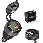 Motorcycle Power Adapter Hella DIN Plug to USB Charger Waterproof for BMW Triumph Tiger Ducati Motorcycle, USB C PD 3.0 DIN to USB Adapter QC 3.0 Power Socket Outlet with Voltmeter and ON-Off Button