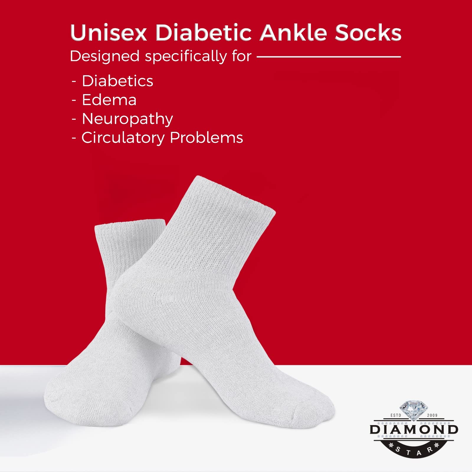 Diabetic Ankle Socks for Men & Women, Non-Binding Cotton Socks with Cushioned Sole, Soft & Breathable, 3/6/12 Pack