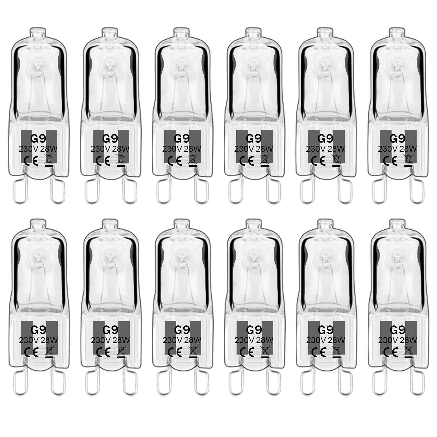 Haraqi 12 Pack G9 Halogen Bulbs 28W 230V 2800K Warm White 310Lm,Clear Capsule Halogen Lamps Dimmable, No Strobe, No Flicker
