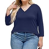 OSITWN Plus Size Tops for Womens 3/4 Sleeve V Neck Casual T Shirts Loose Fit Tunic Blouse