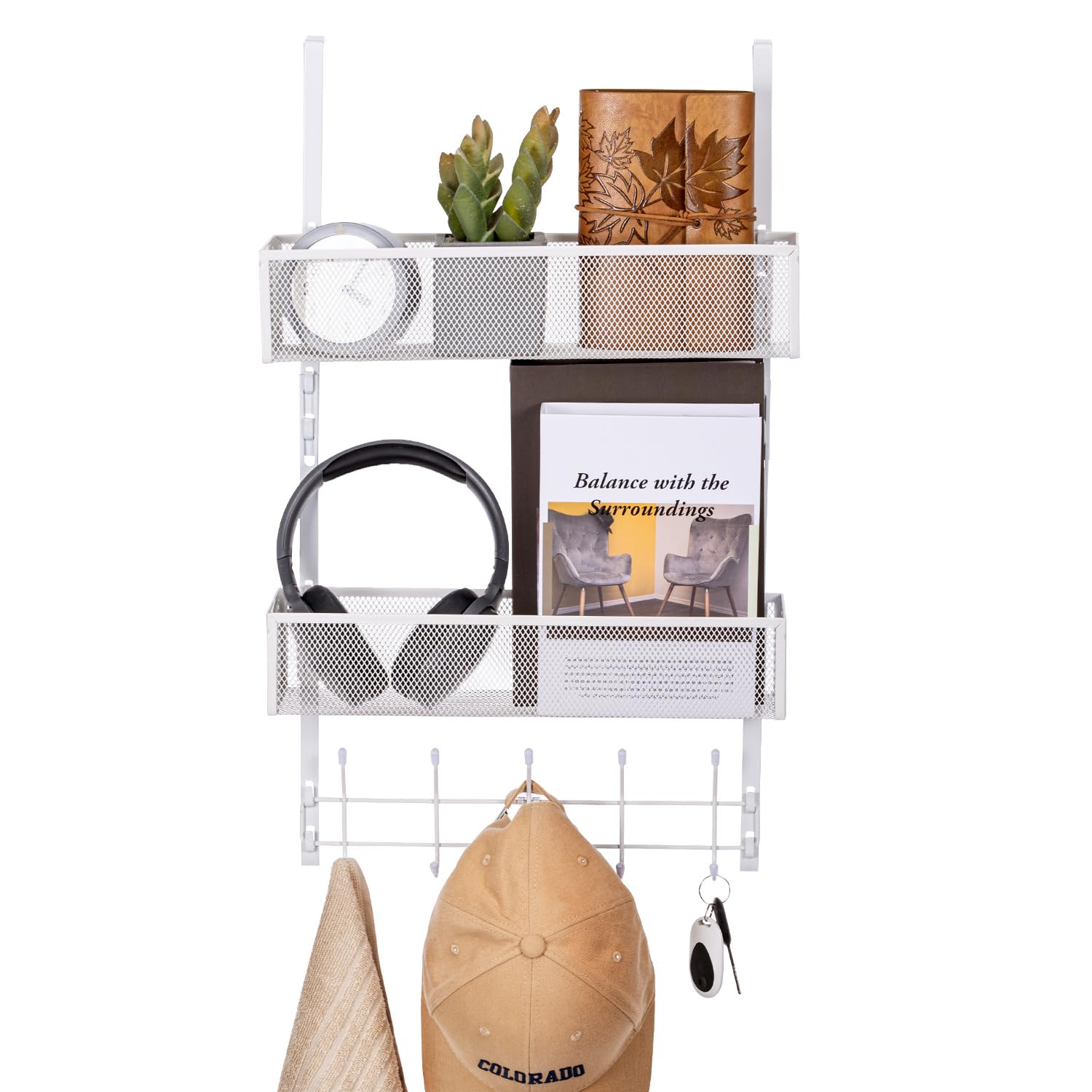 NCXTKJ Over The Door Hooks Organizer, Coat Rack with 5 Hooks and 2 Mesh Baskets, Bathroom Door Organizer Behind The Door Storage Organizer for Bathroom, Bedroom, Kitchen, Office(White)