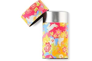 Product of Gifu Japan Japanese Mino Washi Paper Tea Canister - Flower Rabbits Pattern, Red, Airtight Double Lids Storage Cont