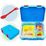 Kid Bento Lunch Box for Kids - Leakproof Insulated Childrens 4 Compartment Reusable Food Containers - Lunch Boxes include 2 in 1 Spoon and Fork Spork Set - Microwave and Dishwasher Safe