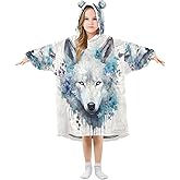 Kigai Watercolor Wolf wearable blanket hoodie for kids, 3-14 YR Oversized Cozy Sherpa Hooded Blanket with Pocket