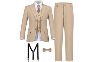 SISAVE Boy's Formal Suit 7 Piece Slim Fit Tuxedo for Kids Teen Boys Jacket Vest and Pants Set for Wedding with Bow Tie Suspenders