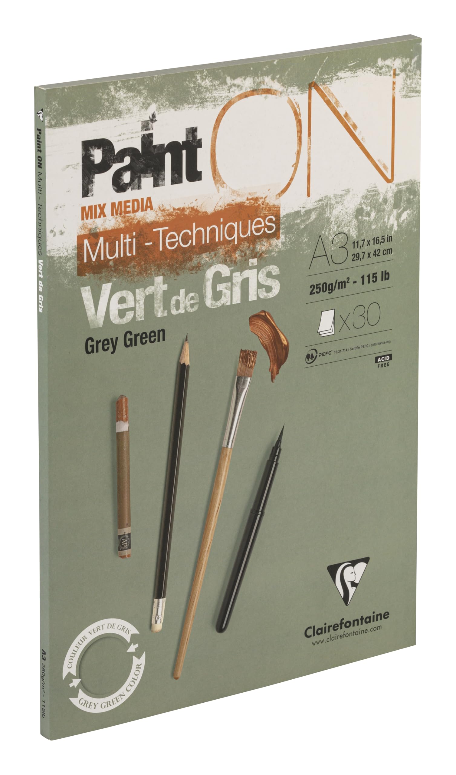 Clairefontaine - Ref 975706C - Paint'ON Multi-Technique Grey Green Glued Paper Pad (30 Sheets) - A3 Size, 250gsm Heavyweight Paper, Slight Rough Grain, Acid Free, pH Neutral