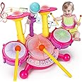 Basytodio Baby Toys 6-12 12-18 Months Musical Drum Set Toy with 2 Sticks Microphone Pink Toy for 1 2 Year Old Girl Music Instrument Learning Toddlers 0-2 1-3 3-5 Easter Gift for One Year Old Girls