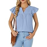 LYANER Women's Cotton Notched V Neck Ruffle Cap Sleeve Sleeveless Blouse Shirt Top