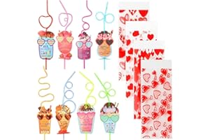 JELMOK Valentines Day Cards for Kids School, 32 Set Valentine Day Gifts Exchange Cards Crazy Straws Bulk for Kids, Valentine's Day Cards for Class Classroom Boys Girls Toddlers Party Favors
