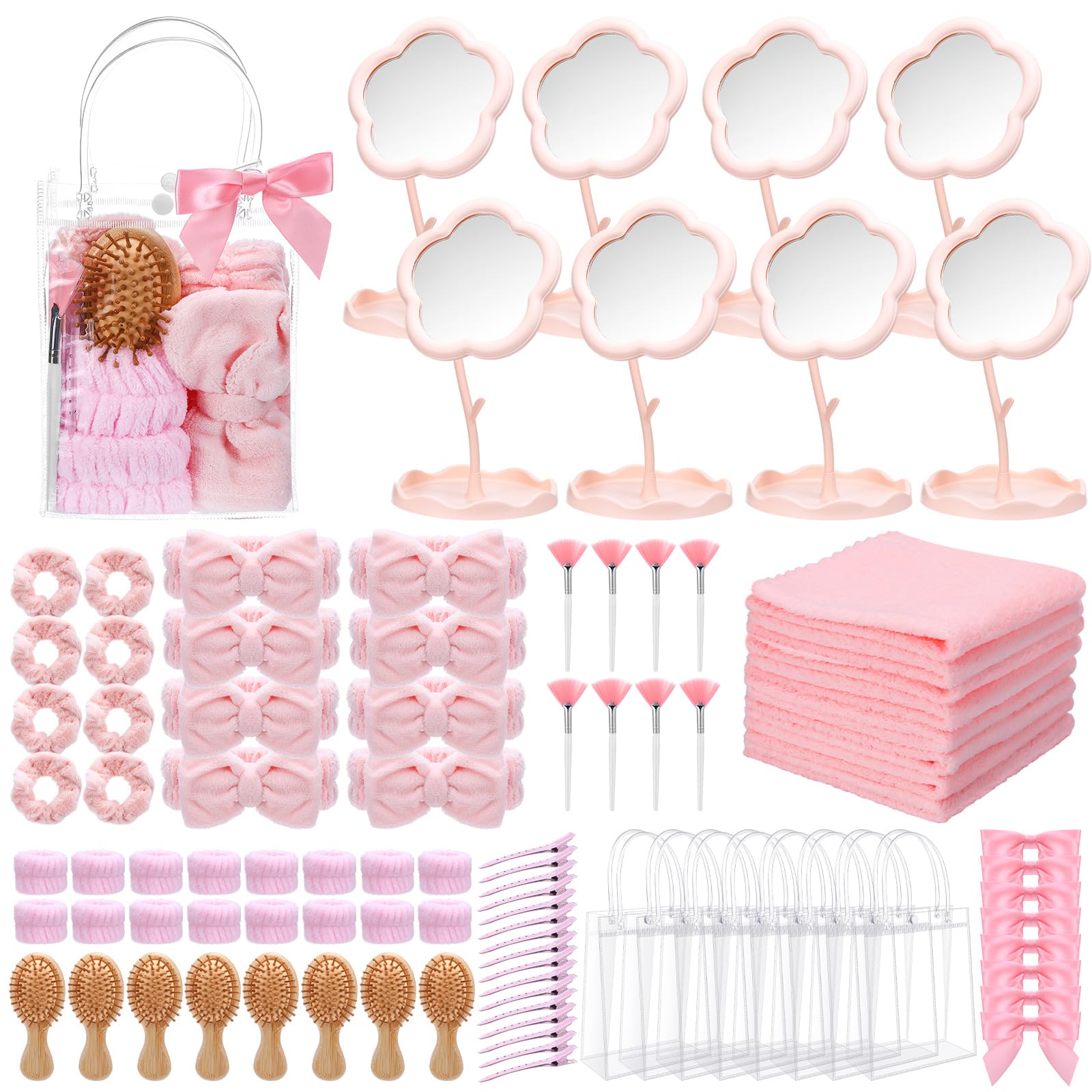 Photo 1 of Honeydak 96 Pcs Spa Party Supplies 8 Sets Sleepover Party Gift with Wooden Hair Brush Mirror Headband Wristbands Hairpin Scrunchies Face Towel Makeup Brushes Cosmetic Bags for Spa Sleepover Birthday