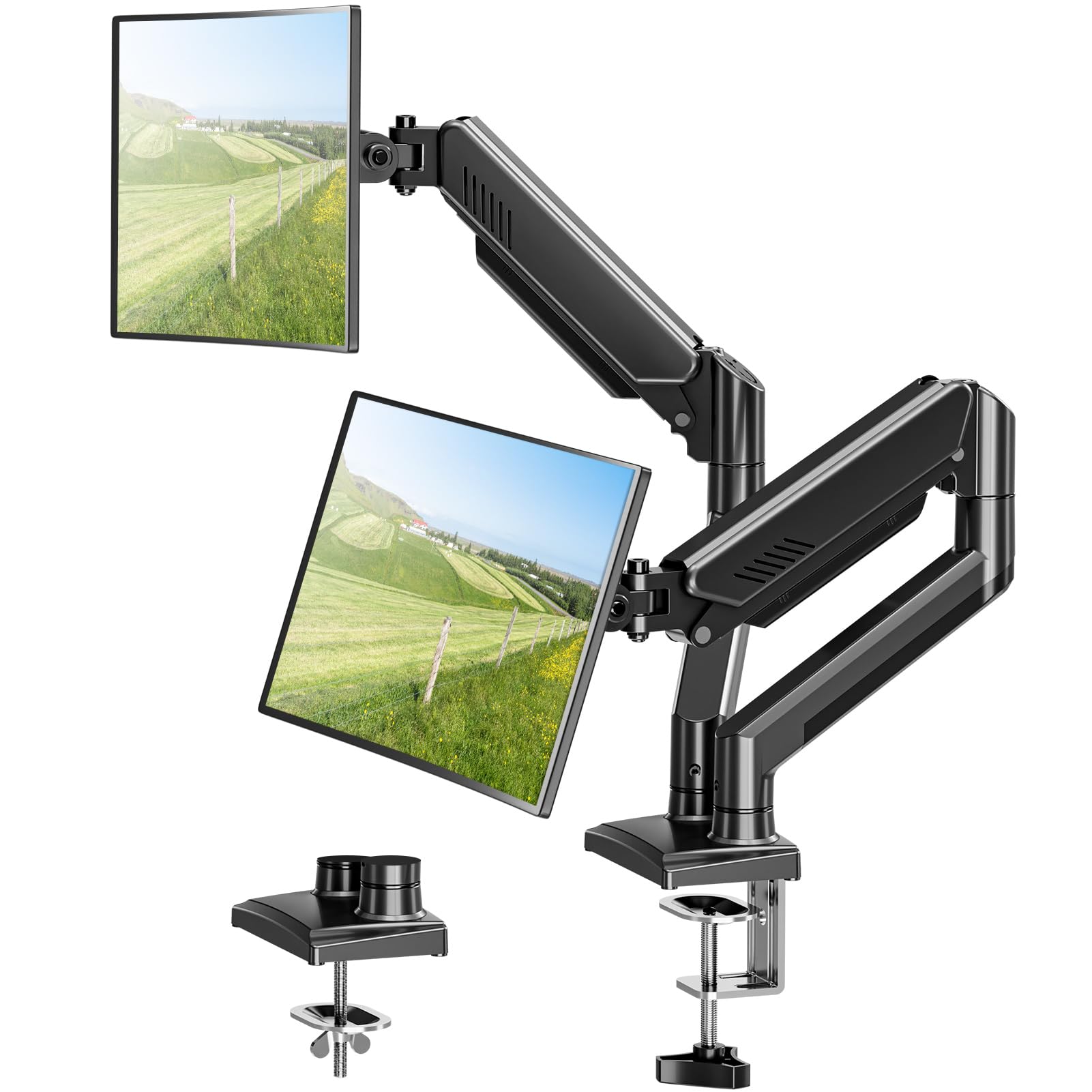 ELIVED Dual Monitor Arm, Adjustable Gas Spring Monitor Stand for Most 13-32 Inch Screens, VESA 75/100mm, 10KG Max Load, C-Clamp & Grommet Base, Tilt, Swivel, 360° Rotation, Ergonomic Design EV005