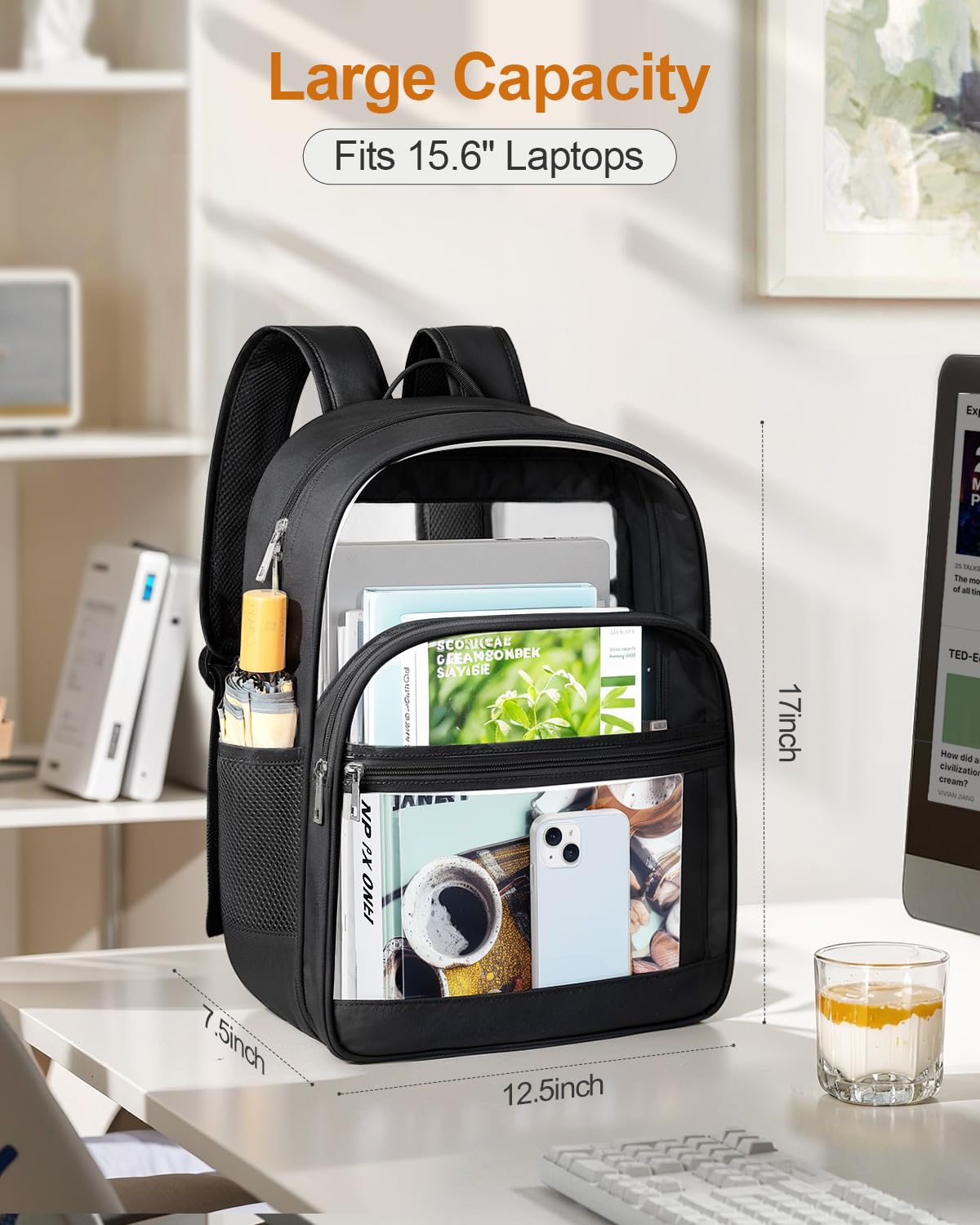 KIMNERPU Clear Backpack, Heavy Duty Transparent Bookbag for School, Fabric & PVC Transparent Backpack with Reinforced Strap for Women Men, Capacity Clear Bag for College, Travel, Security, Black