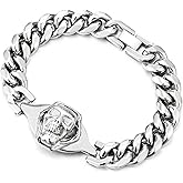 COOLSTEELANDBEYOND Steel Skull Face Bracelet for Men with Wide Cuban Link Chain, Biker Gothic Statement Jewelry