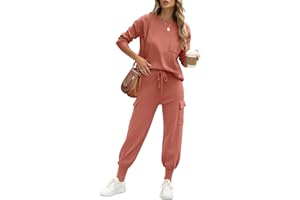 Caracilia Women's Two Piece Outfits Sweater Sets Long Sleeve Knit Tops Matching Cargo Jogger Pants 2024 Fall Lounge Sets