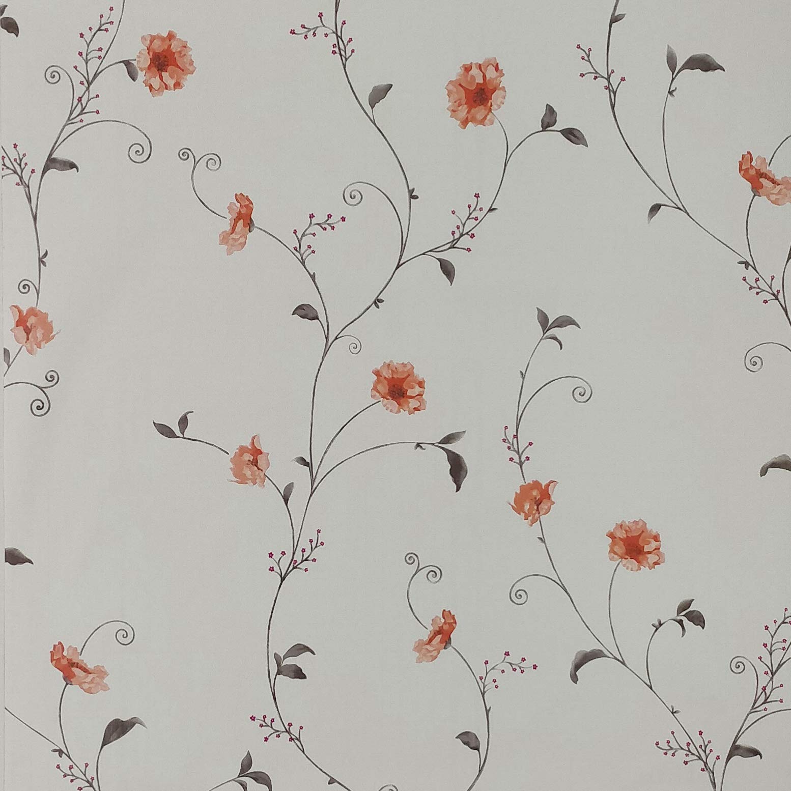 Dundee Deco AZ-F8252 Floral Printed Light Grey, Red Flowers on Vine Peel and Stick Self Adhesive Removable Wallpaper, Roll 18 ft. X 18 in. (5.5m X 45cm), 26.6 sq. ft. (2.5 sq. m)