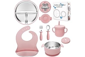 MISSLILI Stainless Steel Kids Plates and Bowls Set with Suction, Divided Baby Plate and Toddler Bowl with Removable Silicone Suction,Stainless Steel Weaning Bundle, Silicone Baby Feeding Set (Pink)