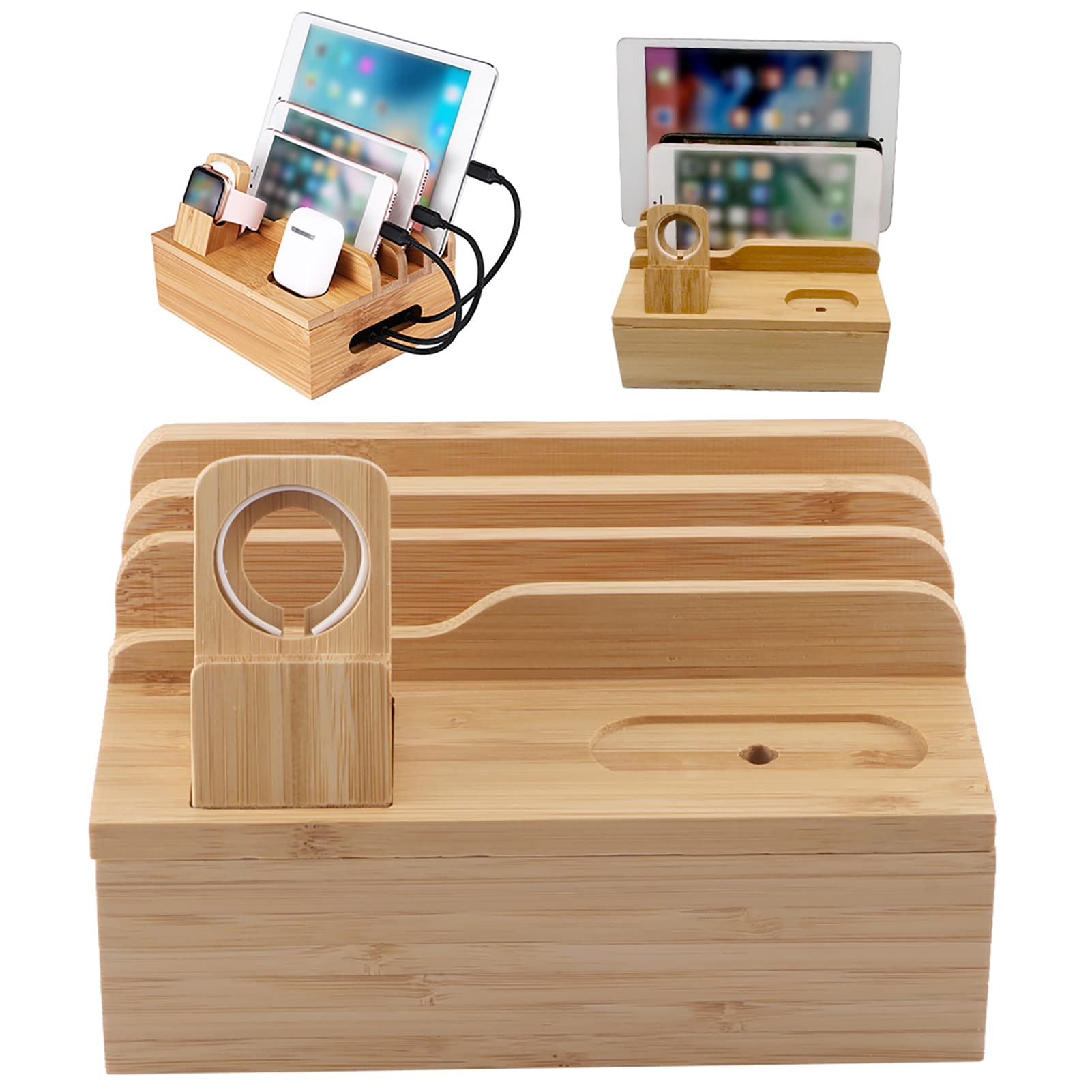 Multi Charger Station, Wood Desktop Organizer Charging Docking Station Charger Holder with Watch Stand Cradle Charge Stand Organizer for Home Office for Cell Phones Tablet