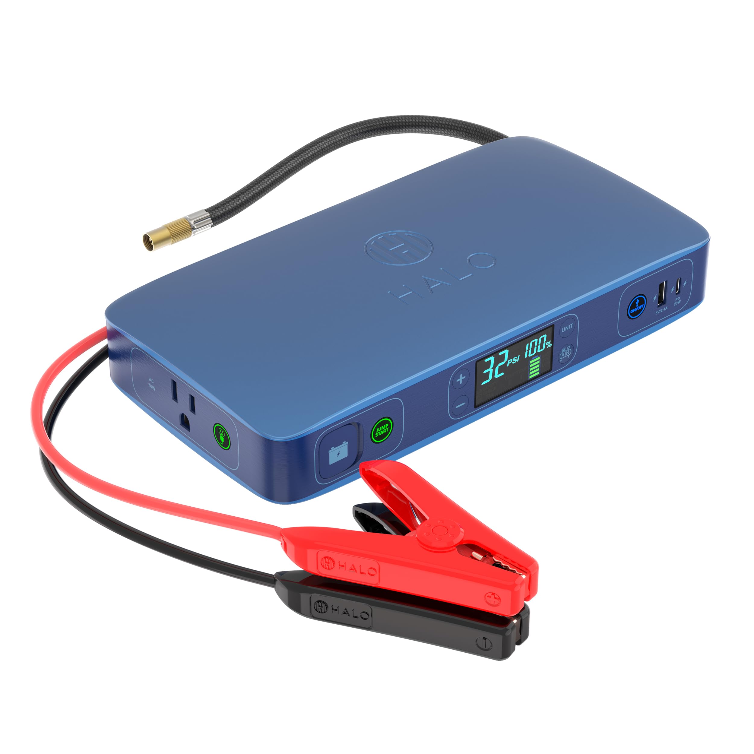 Photo 1 of HALO Bolt Ultimate 2 Portable Car Battery Jump Starter | 130 PSI Air Compressor, 55.5Wh USB Power Bank with AC Outlet, Emergency Floodlight & Charger, Jumps Cars SUVs & Trucks, Inflates Tires — Navy
