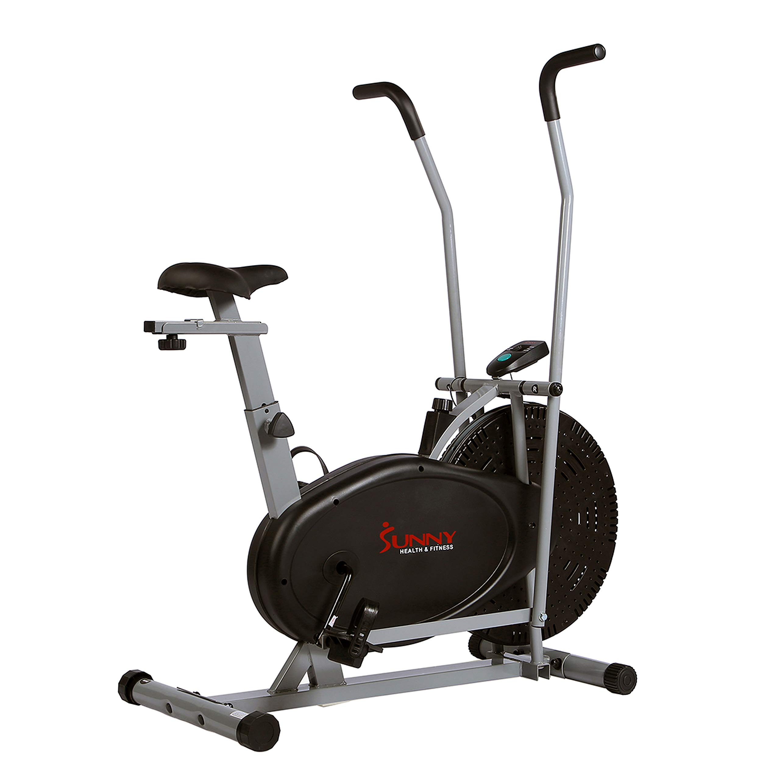 Sunny Health & Fitness Air Bike Fan Exercise Bike with Digital Monitor, Full Motion Arm Exercisers, and Adjustable Seat