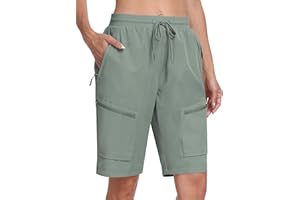 MoFiz Womens 10" Long Shorts for Women Knee Length Quick Dry Women Hiking Cargo Shorts Athletic Travel Golf with Zip Pockets