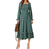 Dokotoo Boho Dresses for Women 2025 Casual Floral Square Neck Long Sleeve Smocked Elastic Waist Tiered Ruffle Hem Maxi Dress