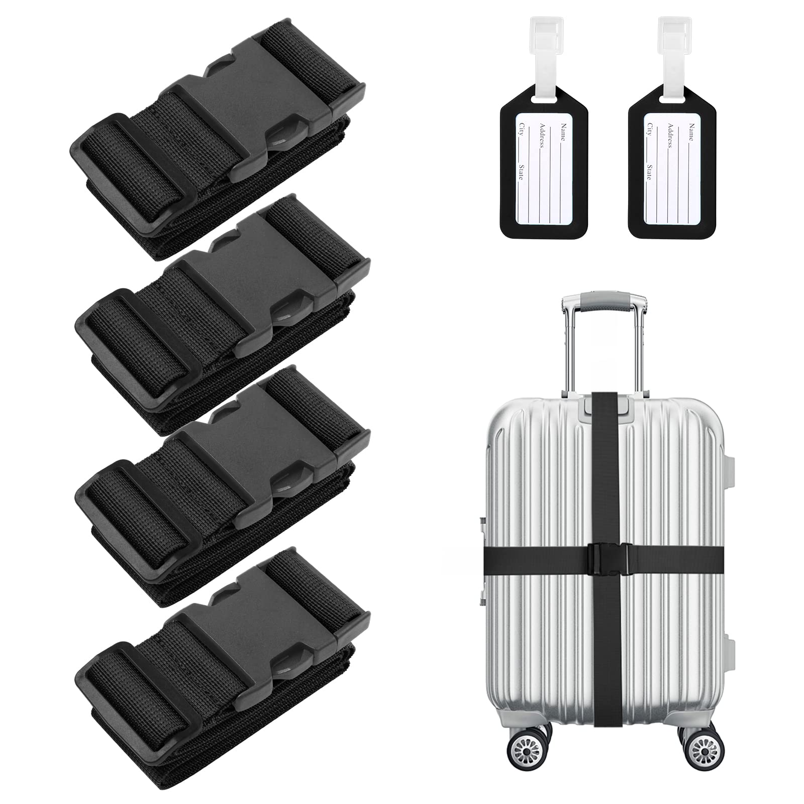Flintronic 4 Pcs Luggage Straps with Luggage Tags, Adjustable Packing Belts for Suitcases Security Non-Slip Travel Belt Travel Accessories（Black）