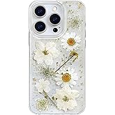 Abbery for iPhone 15 Pro Case Clear with Real Pressed Flower Design Glitter Sparkly Gold Fall Girly Women Cute Aesthetic Soft TPU Protective Shockproof Phone Cover - White Yellow Daisy Floral