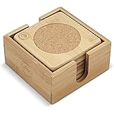 Set of 6 Bamboo Coasters with Matching Coaster Holder - Sleek, Smooth Moso Bamboo & Cork Coaster Set Protects Surfaces from Stains & Scratches - 4.13 Inch Coasters Make an Elegant Gift Idea