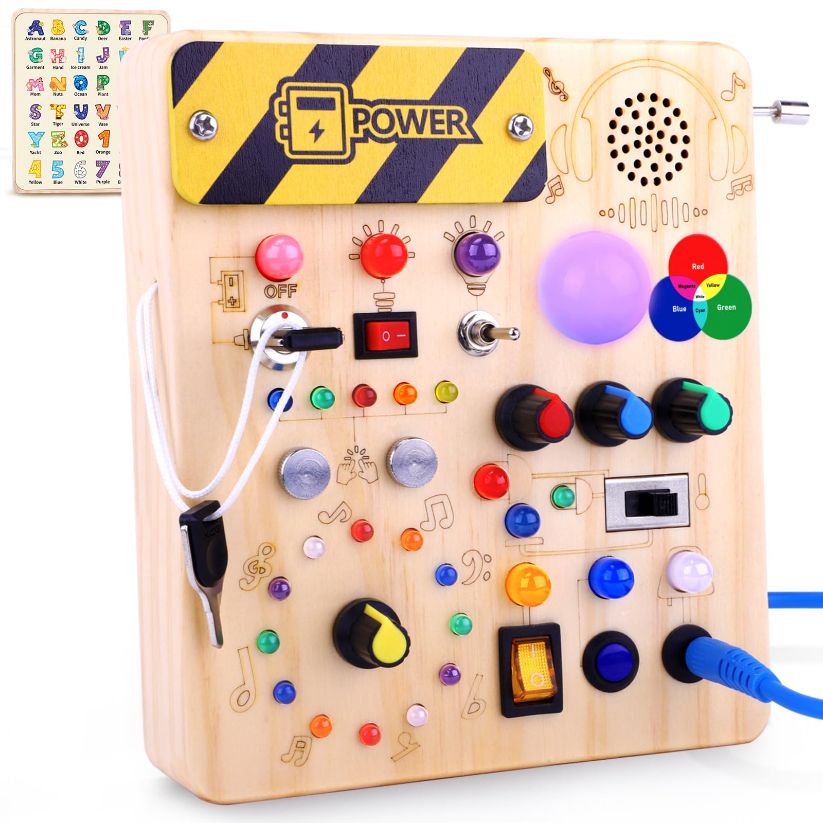 Konijiwa Toddler Toys Montessori Busy Board Wooden Toys for 1 2 3 Year old Boys Girls with 12 Switches and 27 LED Lights Switch Sensory Learning Gifts