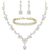 BriLove Gorgeous Wedding Jewelry Set for Women Bridal Cubic Zirconia Marquise Teardrop Leaf Cluster Y-Necklace Dangle Earrings Link Bracelet